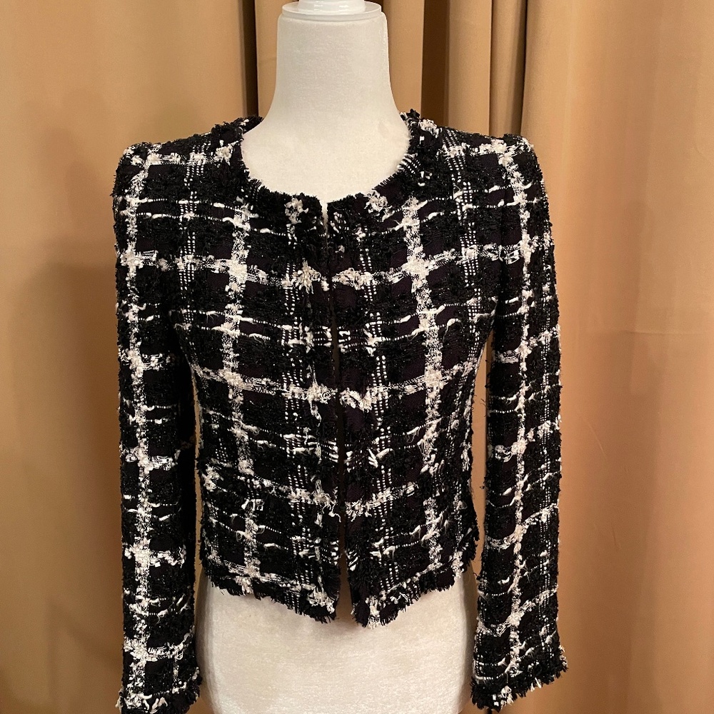 Alice + Olivia Black'White Tweed Window Pane Cropped Blazer Size XS